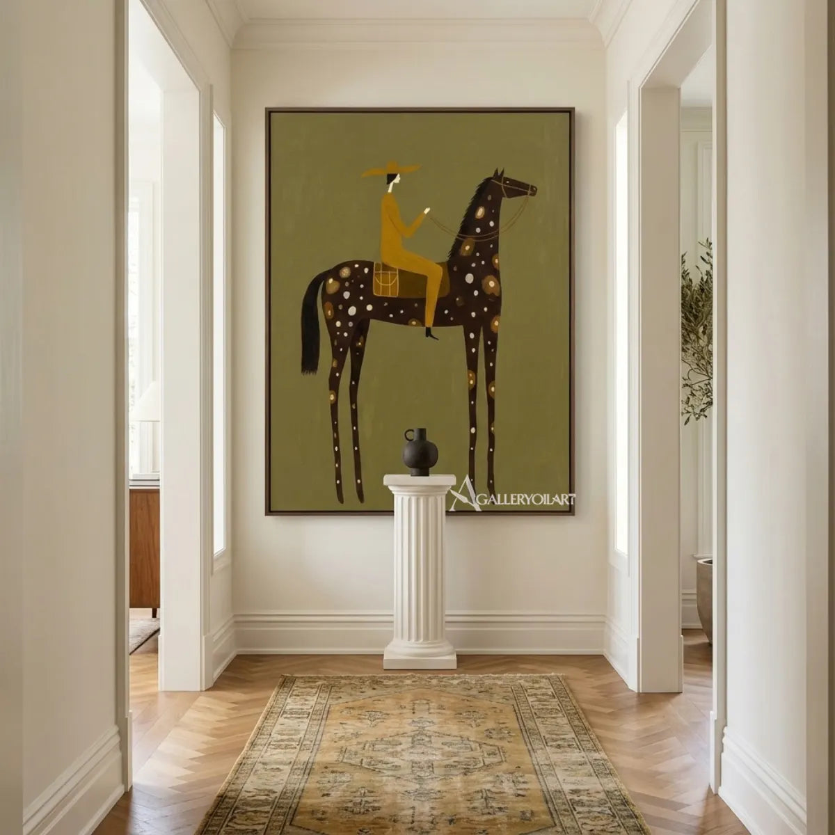 spotted-horsewoman-western-cowboy-green-wall-art-in-a-rustic-lounge