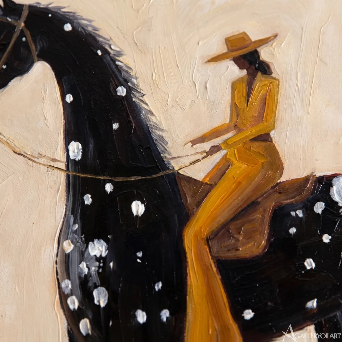 rider-on-a-spotted-dark-horse-western-cowboy-art-Black-wall-art-in-close-up-detail