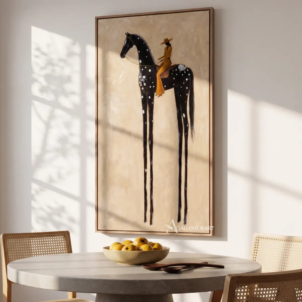 rider-on-a-spotted-dark-horse-western-cowboy-art-Black-wall-art-in-dining-space