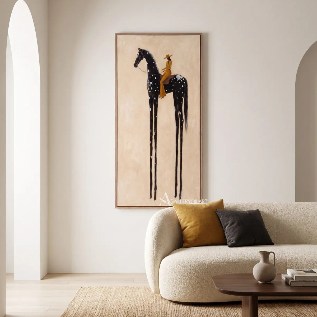 rider-on-a-spotted-dark-horse-western-cowboy-art-Black-wall-art-in-minimalist-living-room