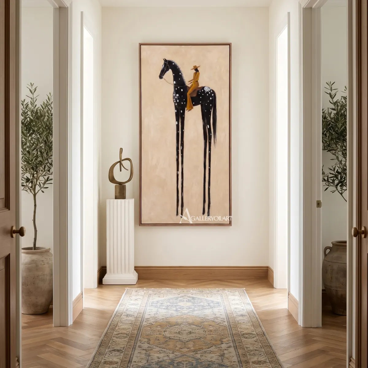 rider-on-a-spotted-dark-horse-western-cowboy-art-Black-wall-art-in-transitional-hallway
