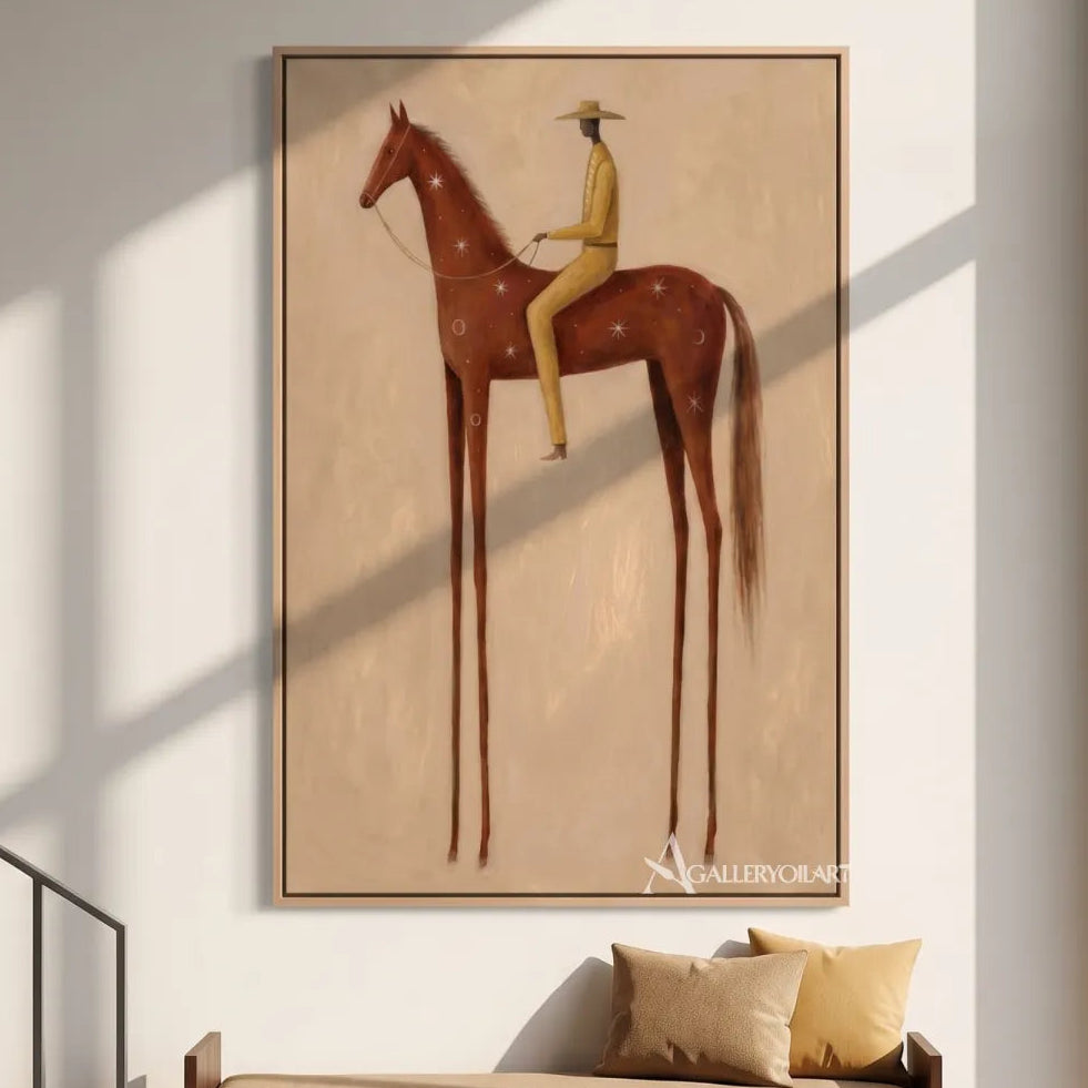 star-marked-horse-with-a-rider-western-cowboy-art-Brown-wall-art-in-styled-interior