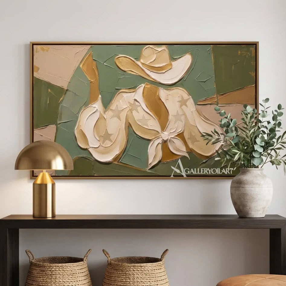 starred boots western cowboy green wall art in a warm modern interior 3