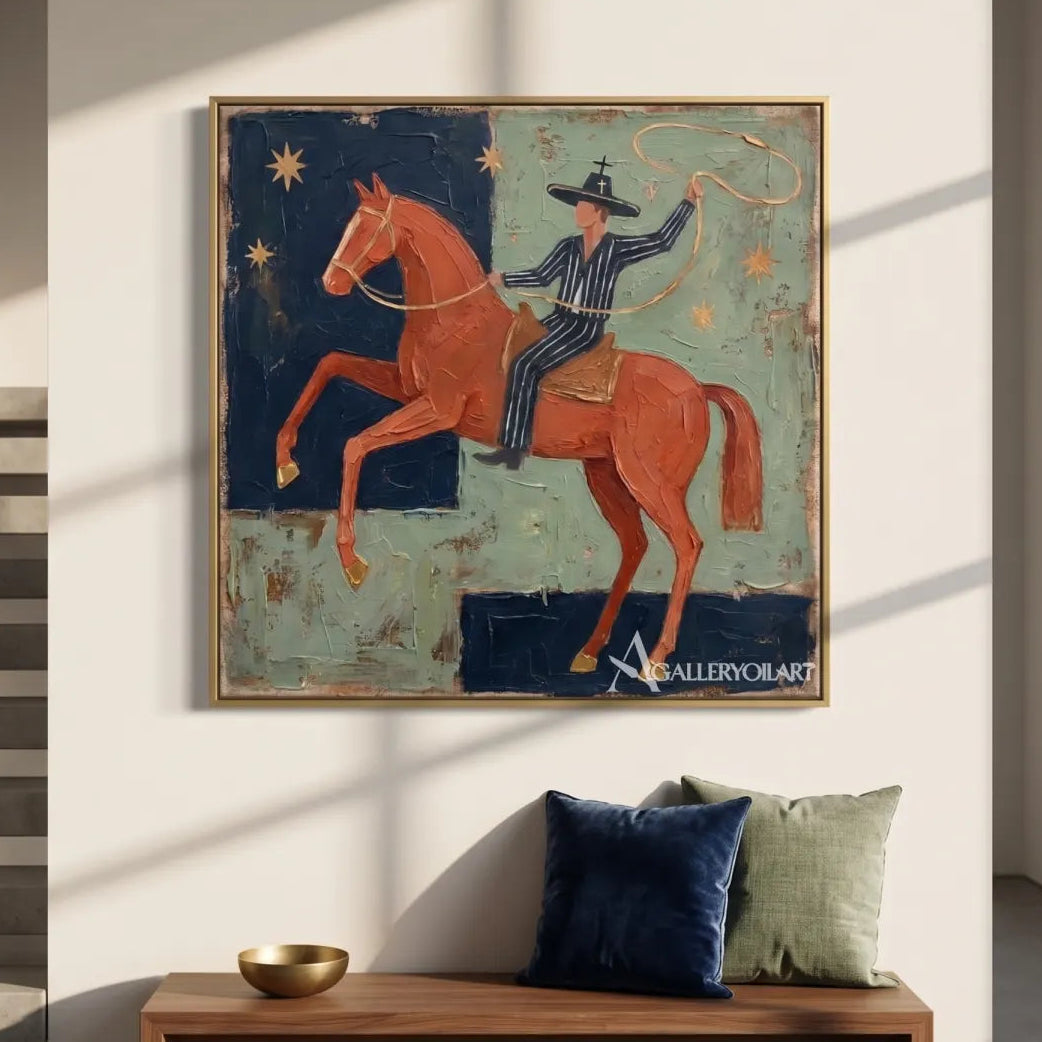 Western cowboy riding a patterned horse beneath moon and stars-in-entryway