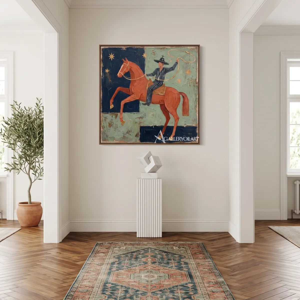 Western cowboy riding a patterned horse beneath moon and stars-in-gallery-wall