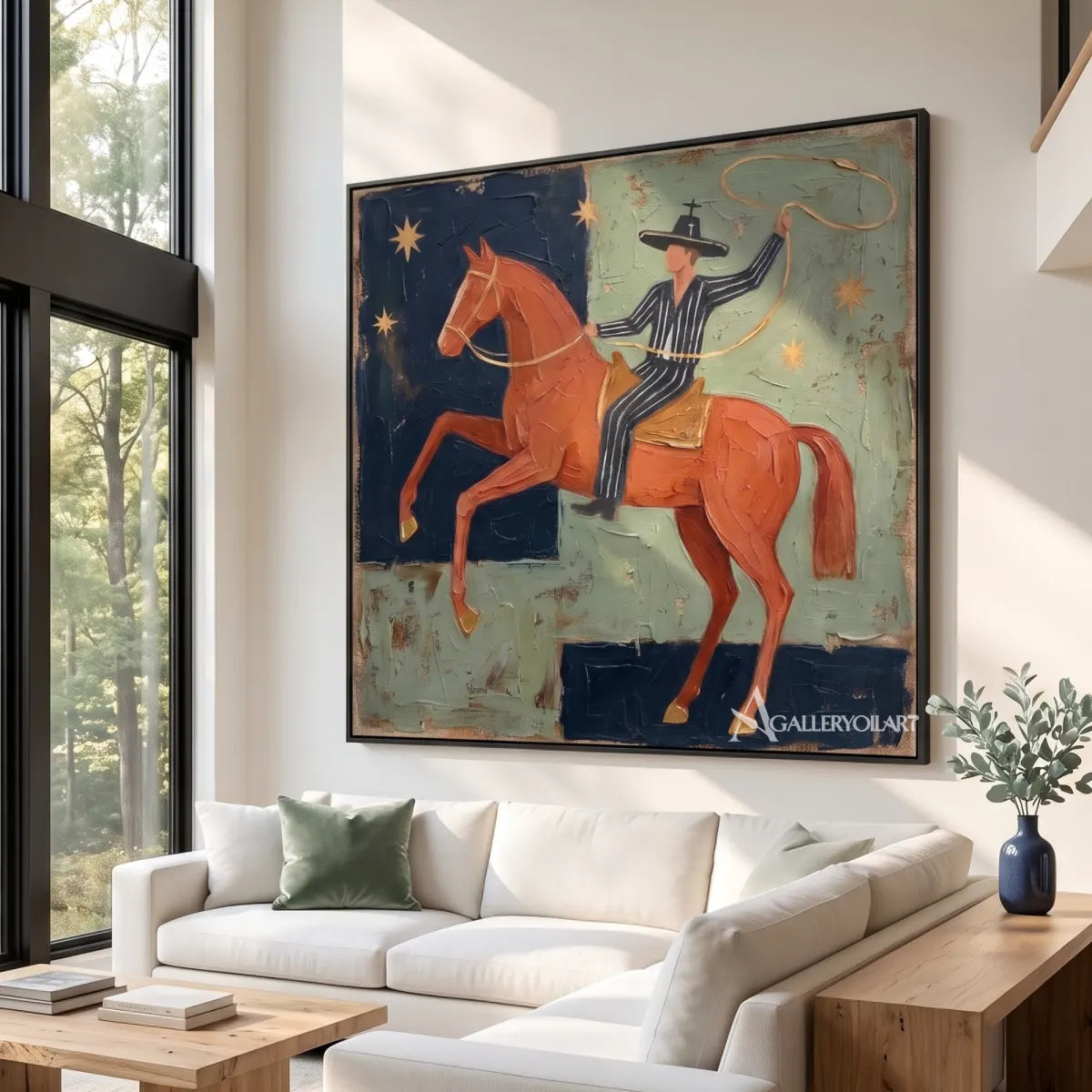 Western cowboy riding a patterned horse beneath moon and stars-in-living-room