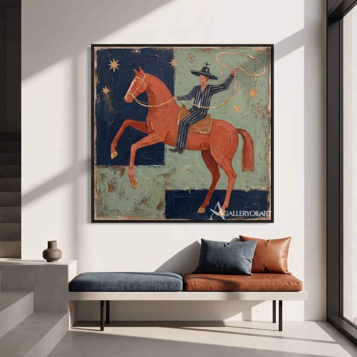 Western cowboy riding a patterned horse beneath moon and stars-in-modern-hallway