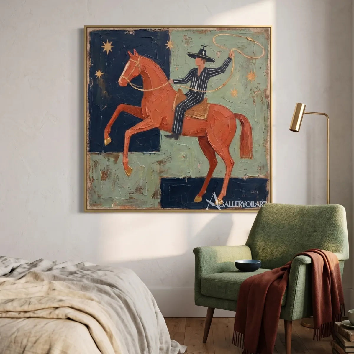 Western cowboy riding a patterned horse beneath moon and stars-in-reading-nook