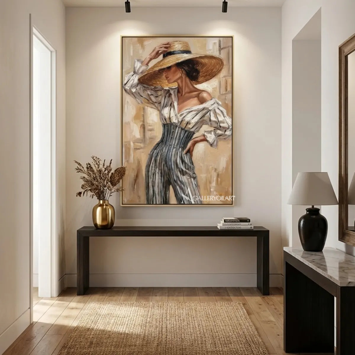 Straw-hat-woman-in-portrait-art-beige-and-taupe-in-a-corridor