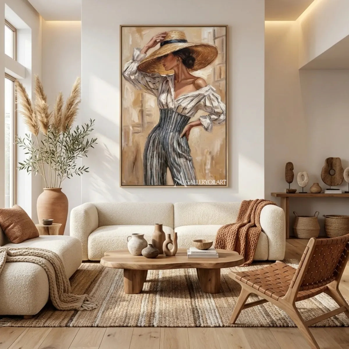 Straw-hat-woman-in-portrait-art-beige-and-taupe-in-a-gathering-room