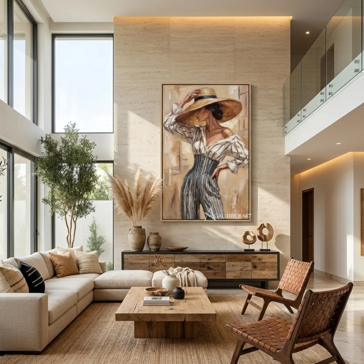 Straw-hat-woman-in-portrait-art-beige-and-taupe-in-a-living-room
