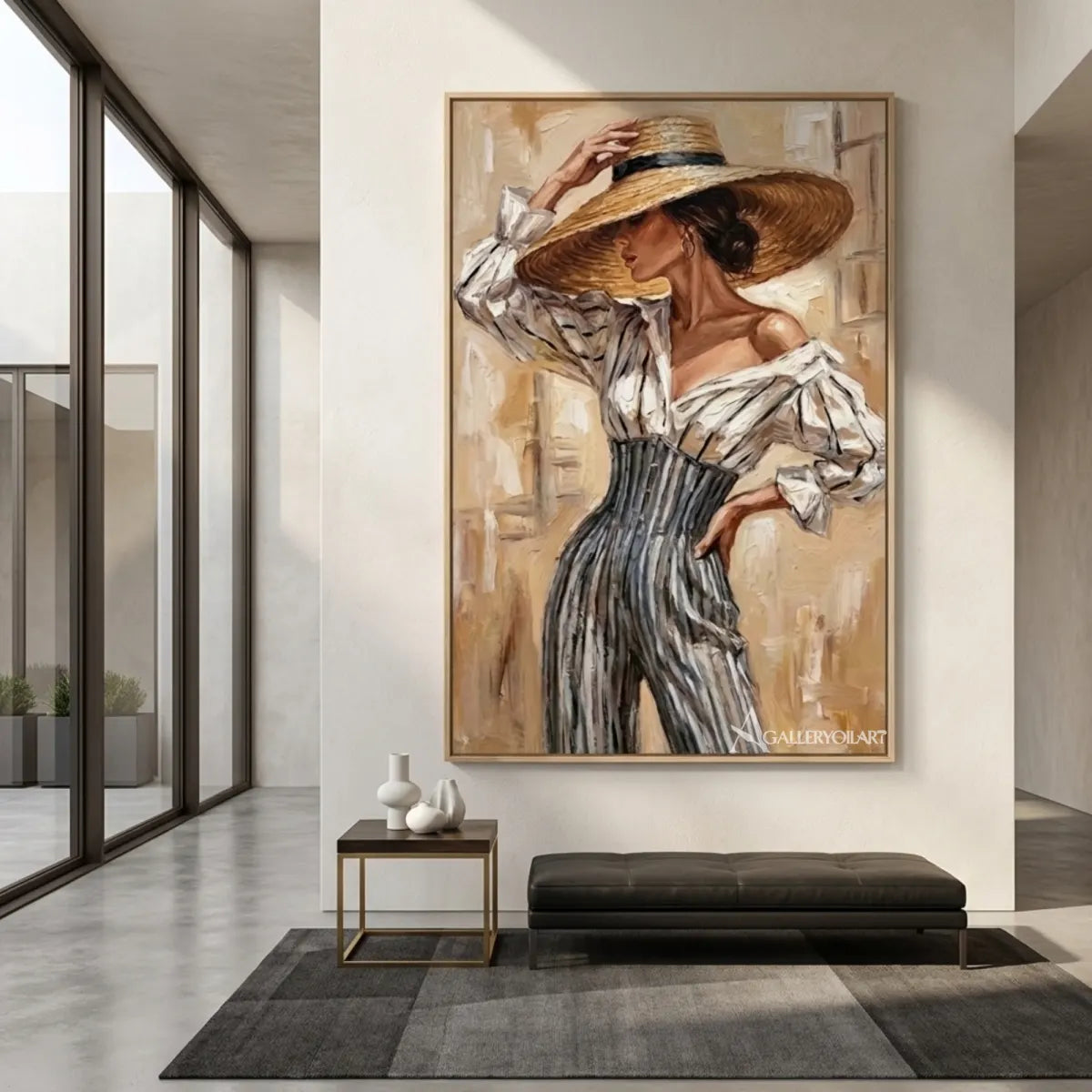 Straw-hat-woman-in-portrait-art-beige-and-taupe-in-a-minimalist-interior