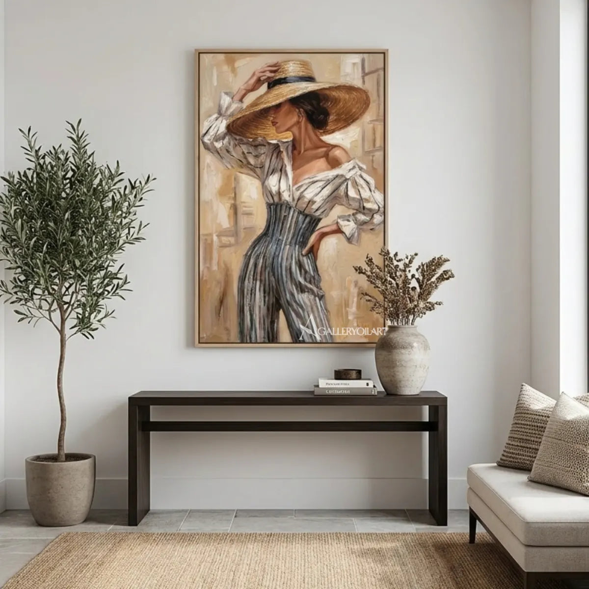 Straw-hat-woman-in-portrait-art-beige-and-taupe-in-a-white-entryway