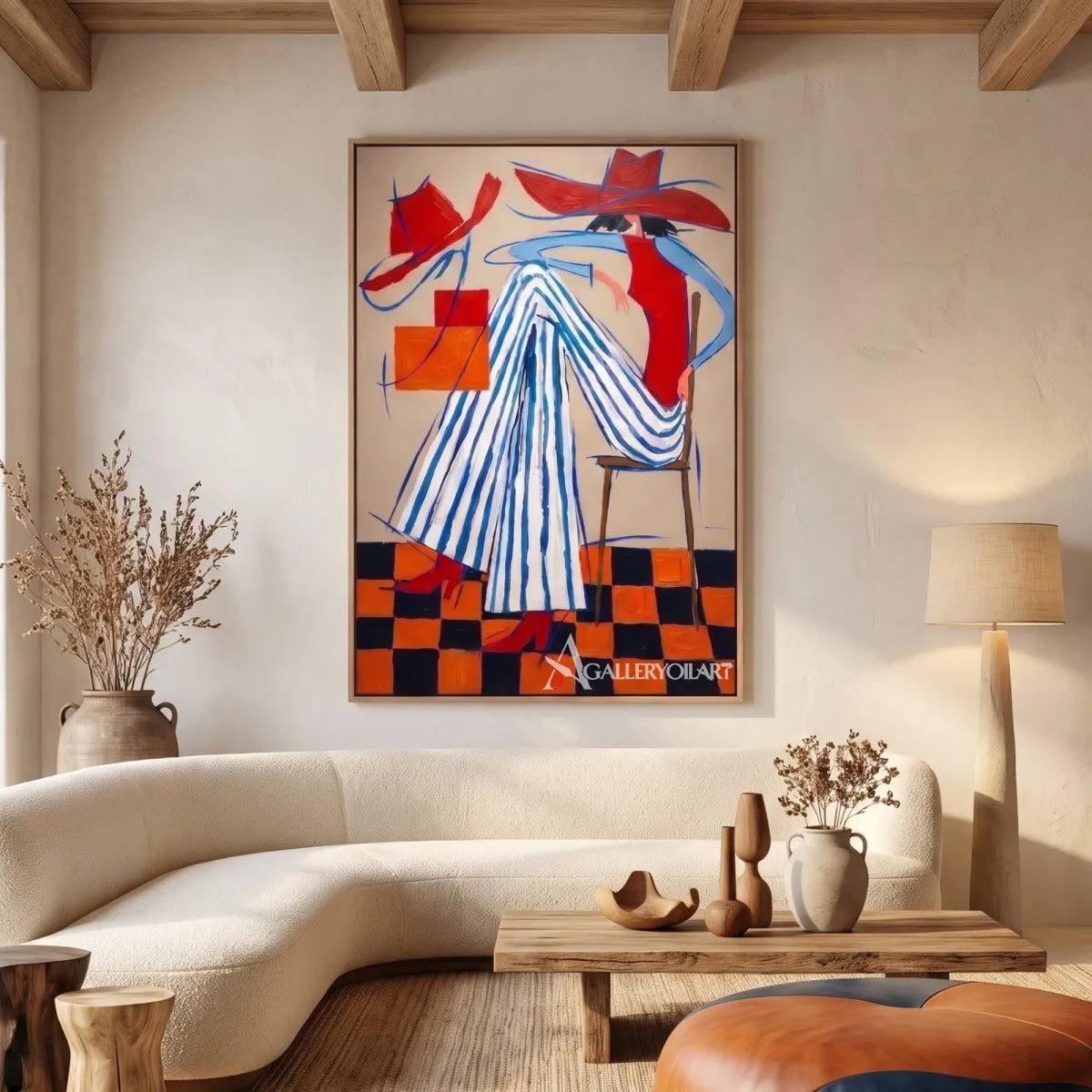 a fashion figure in a striped dress and wide hat-in-pop-art-red-living-room