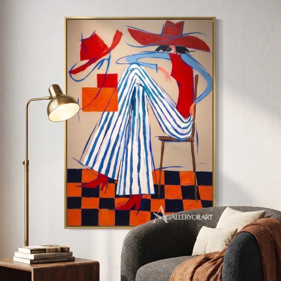 a fashion figure in a striped dress and wide hat-in-pop-art-red-sofa-room