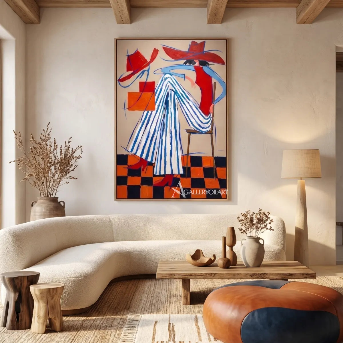 a fashion figure in a striped dress and wide hat-in-pop-art-red-styled-interior