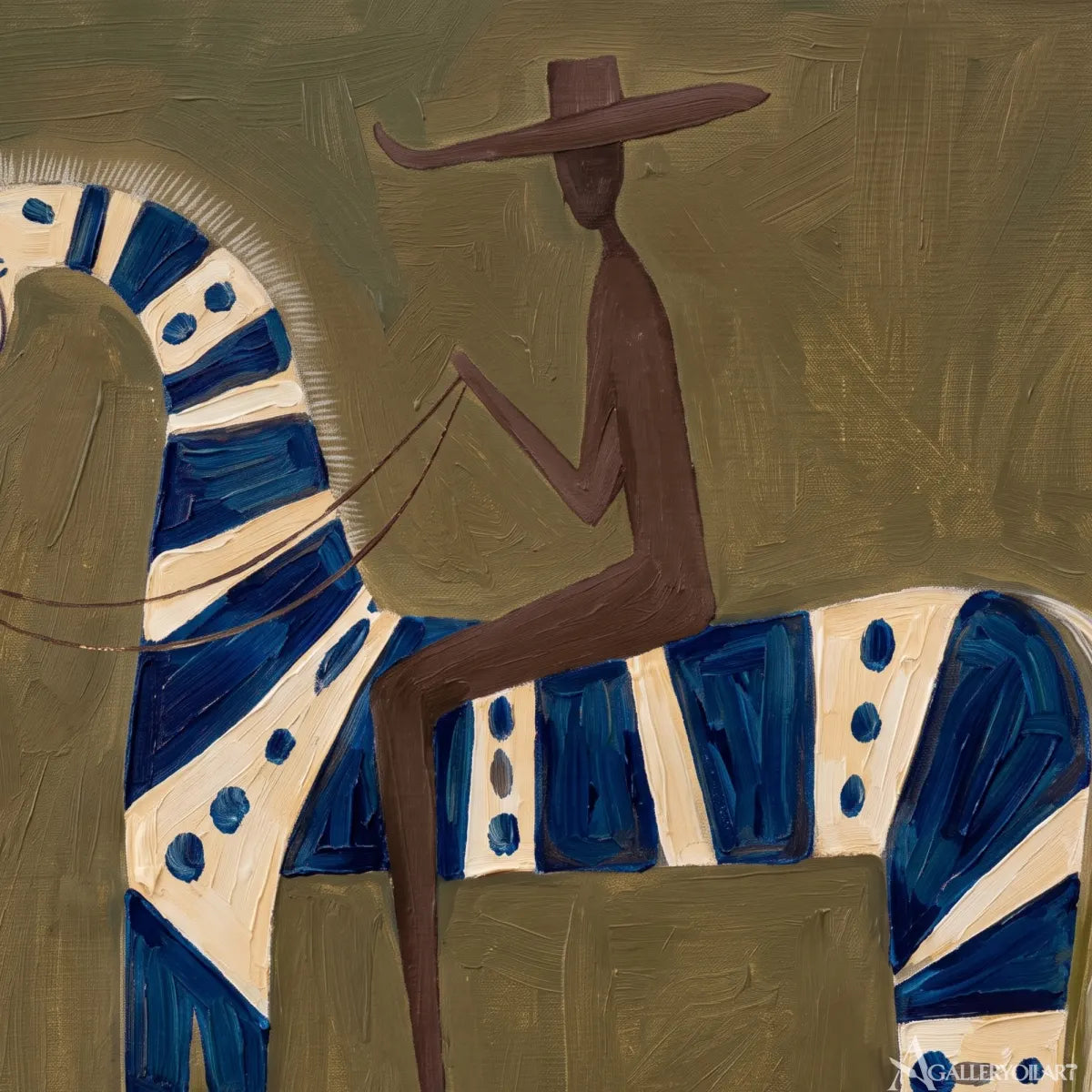 striped horse rider-western-cowboy-art-blue-wall-art-in-close-up-detail