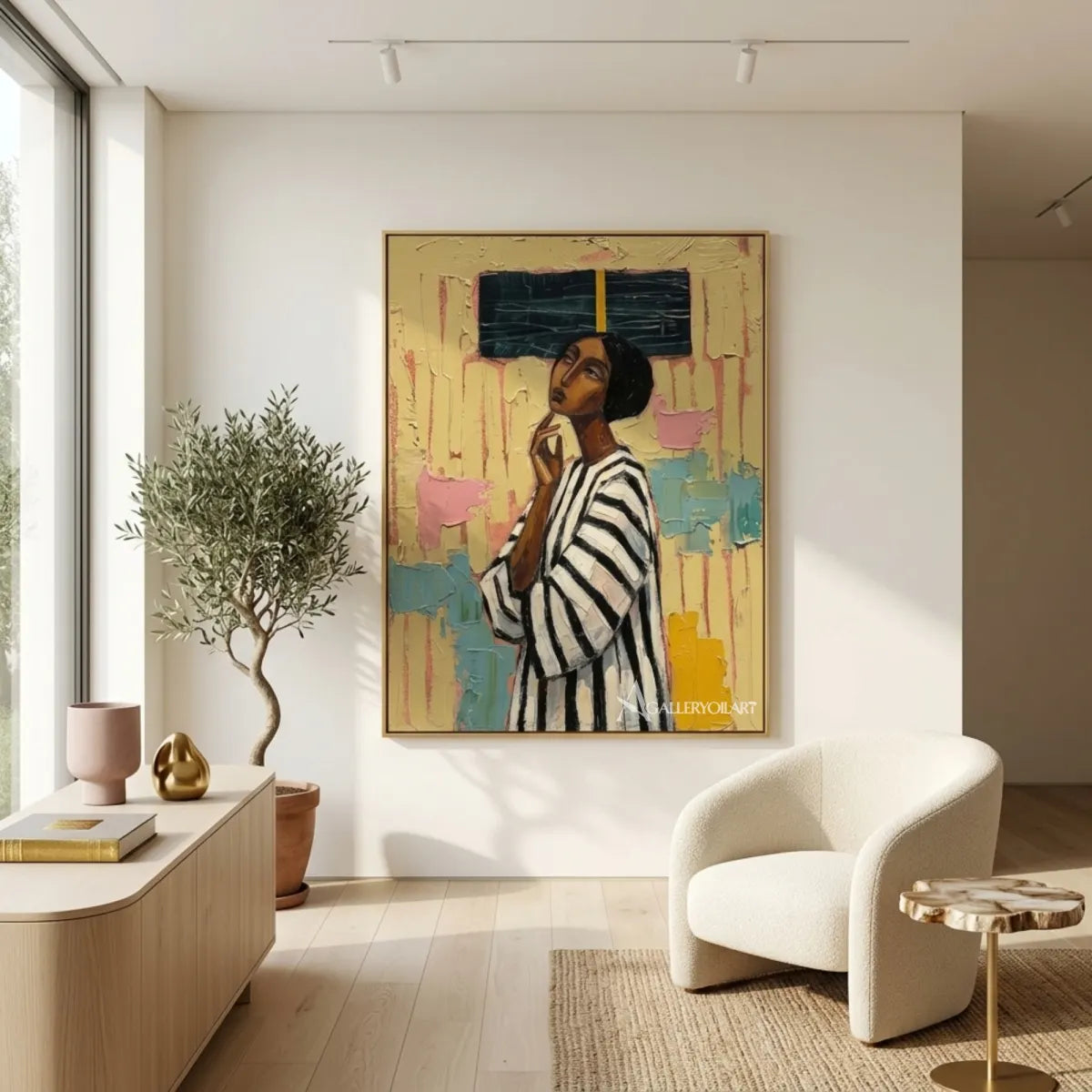Portrait-art-painting-of-a-woman-in-a-black-and-white-striped-top-against-textured-yellow-and-teal-in-a-gallery