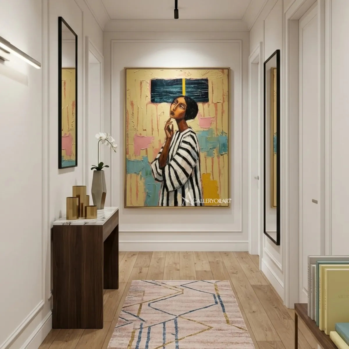 Portrait-art-painting-of-a-woman-in-a-black-and-white-striped-top-against-textured-yellow-and-teal-in-a-hallway