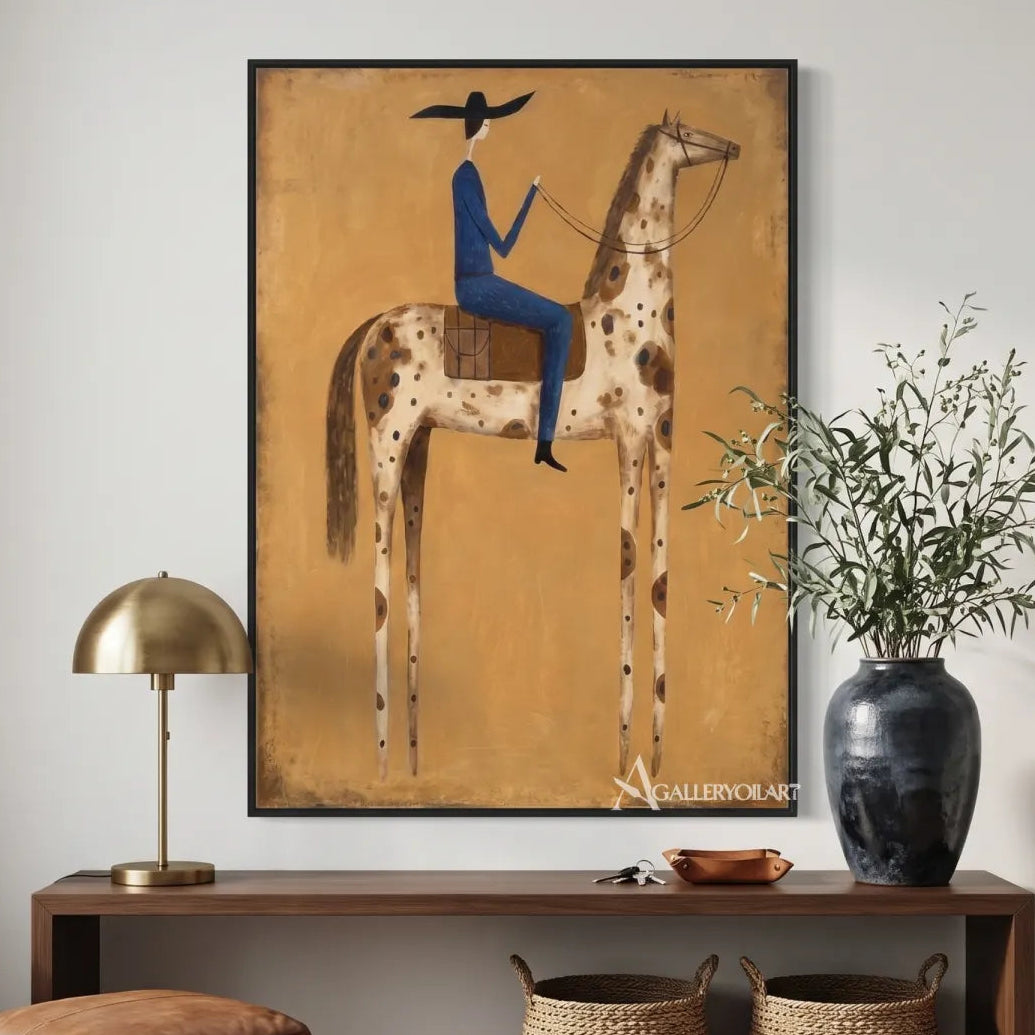 rider-on-a-spotted-horse-western-cowboy-art-Orange-wall-art-in-modern-entryway