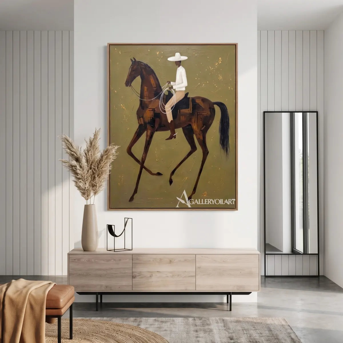 a rider in a white shirt on a moving brown horse-in-western-cowboy-green-entryway