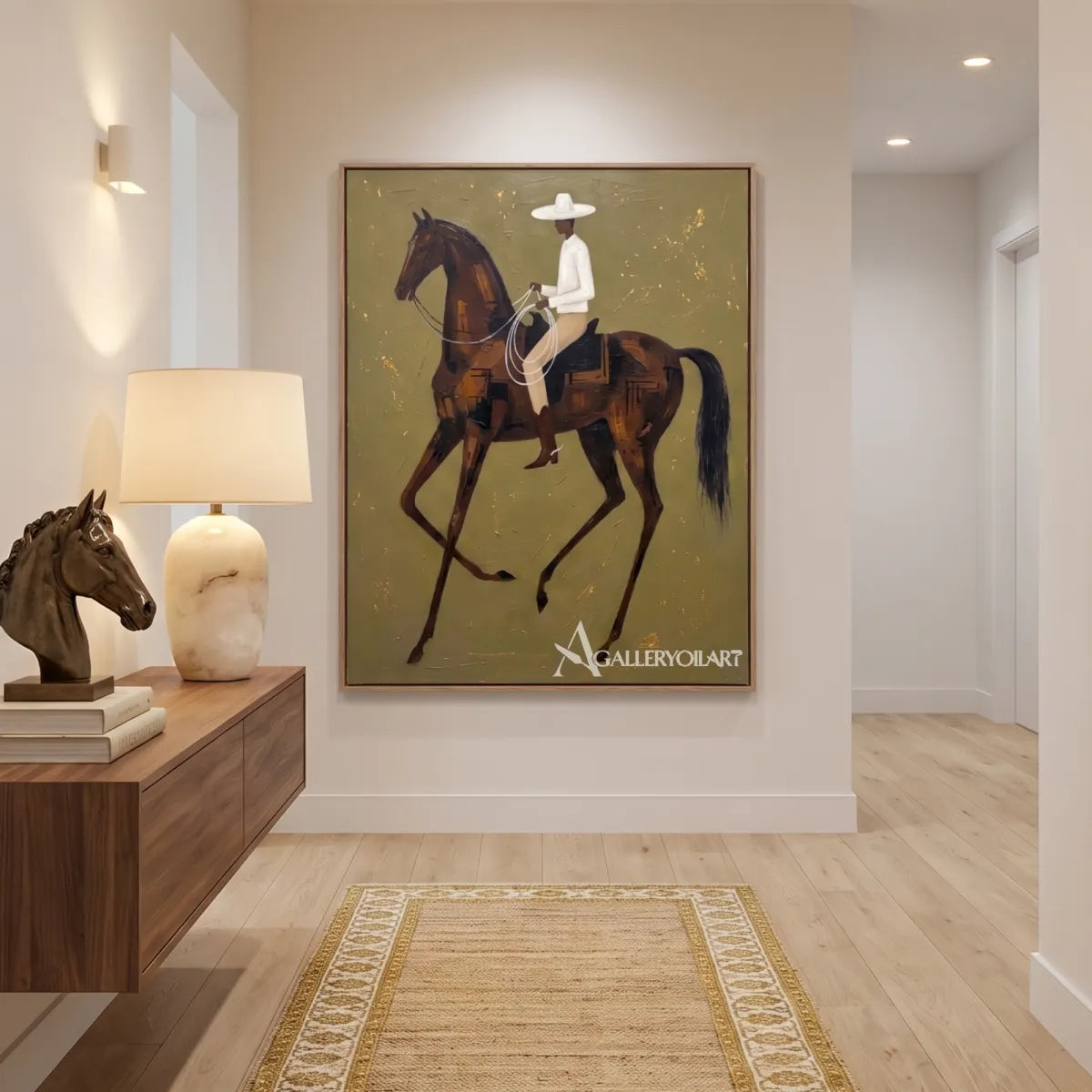 a rider in a white shirt on a moving brown horse-in-western-cowboy-green-hallway