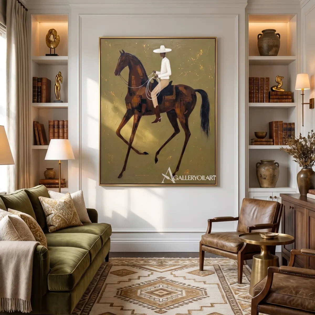 a rider in a white shirt on a moving brown horse-in-western-cowboy-green-library-lounge