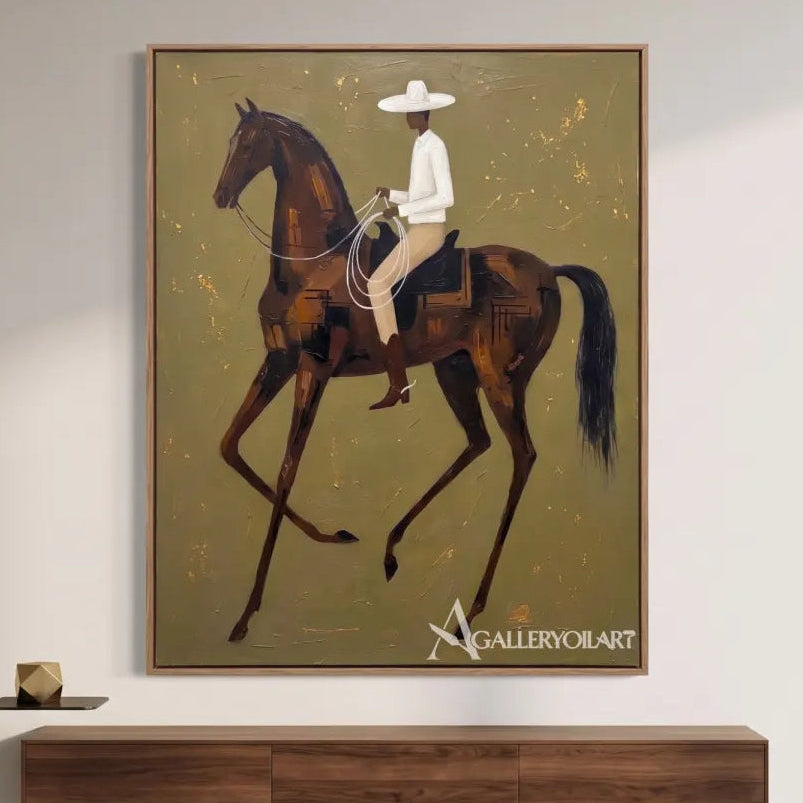 a rider in a white shirt on a moving brown horse-in-western-cowboy-green-modern-interior