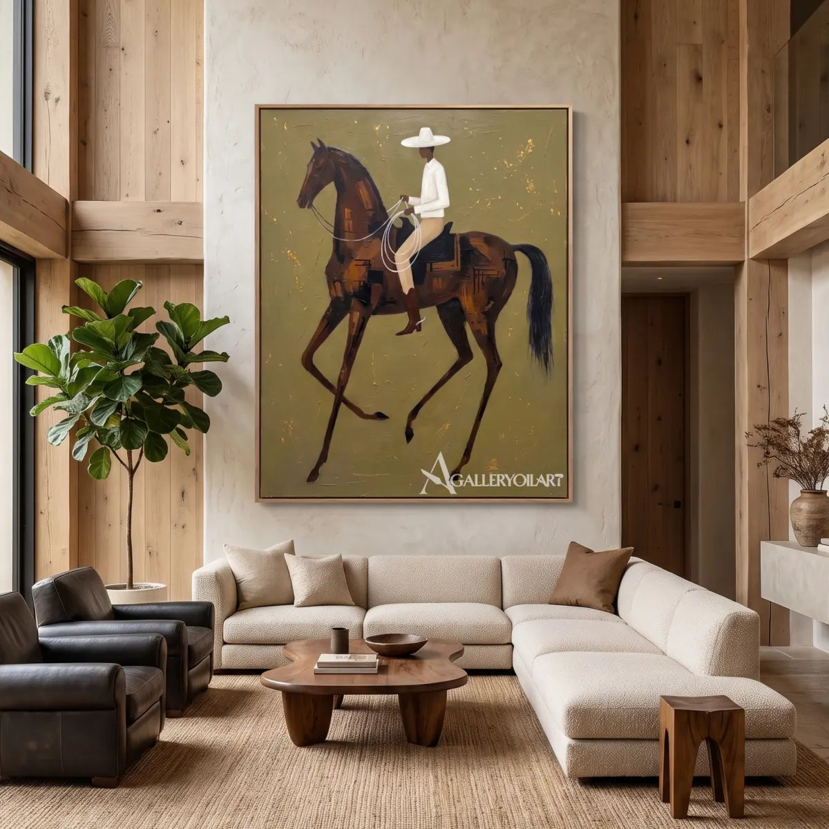 a rider in a white shirt on a moving brown horse-in-western-cowboy-green-woodland-lounge