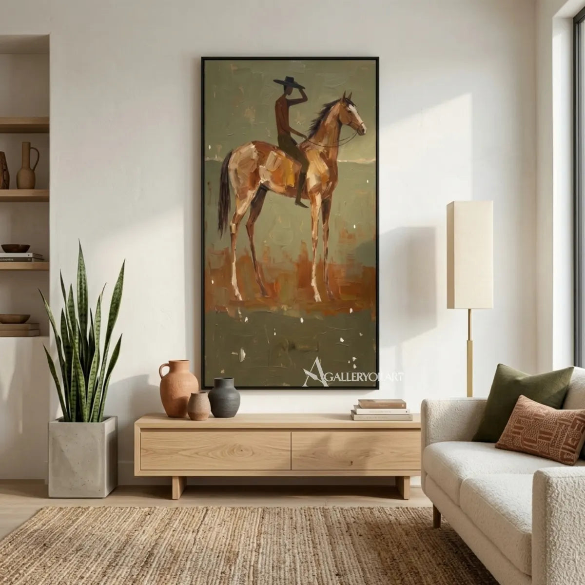 Western-cowboy-sunlit-rider-on-brown-horse-in-a-modern-room