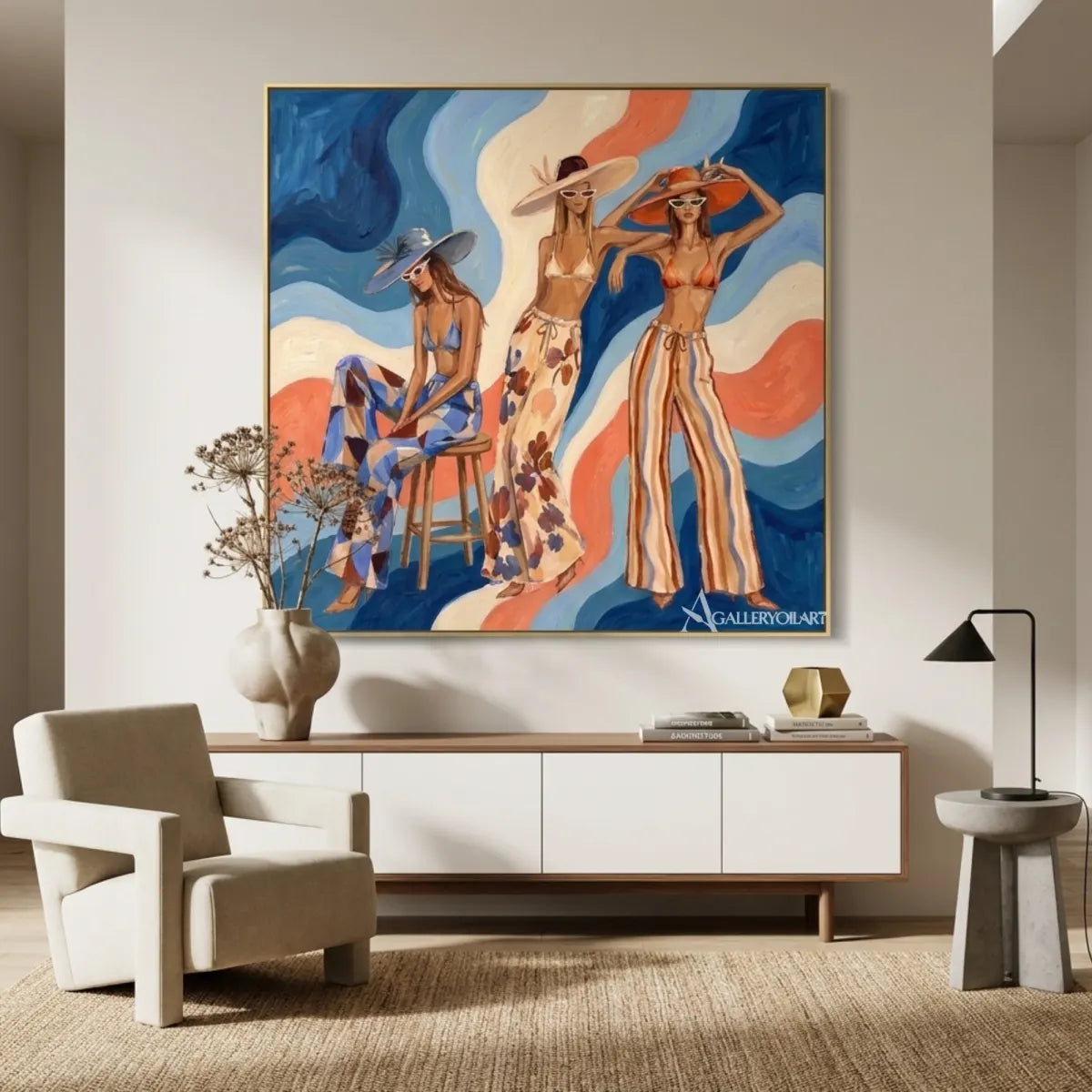 Sunlit-women-in-hats-in-pop-art-blue-wall-art-in-architectural-interior