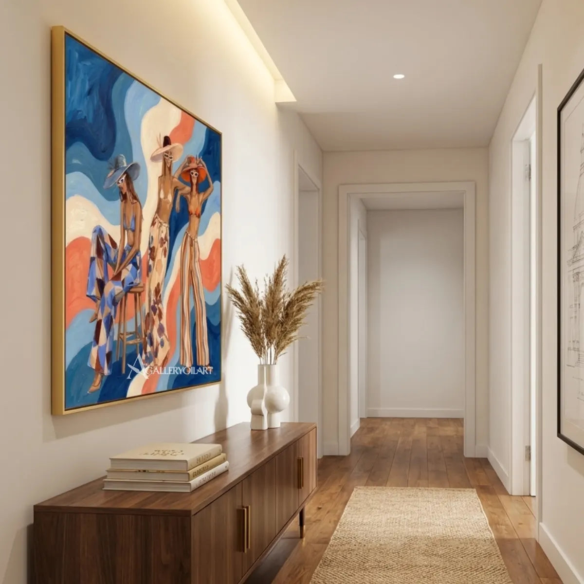 Sunlit-women-in-hats-in-pop-art-blue-wall-art-in-transitional-corridor