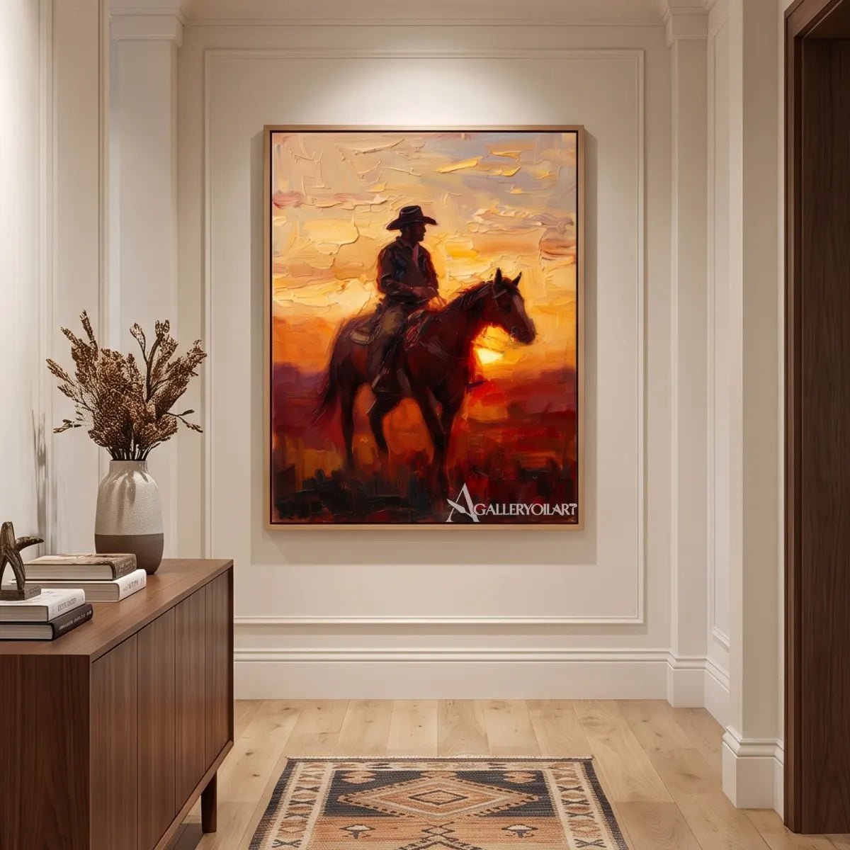 a cowboy riding through a glowing open landscape-in-western-cowboy-orange-entryway