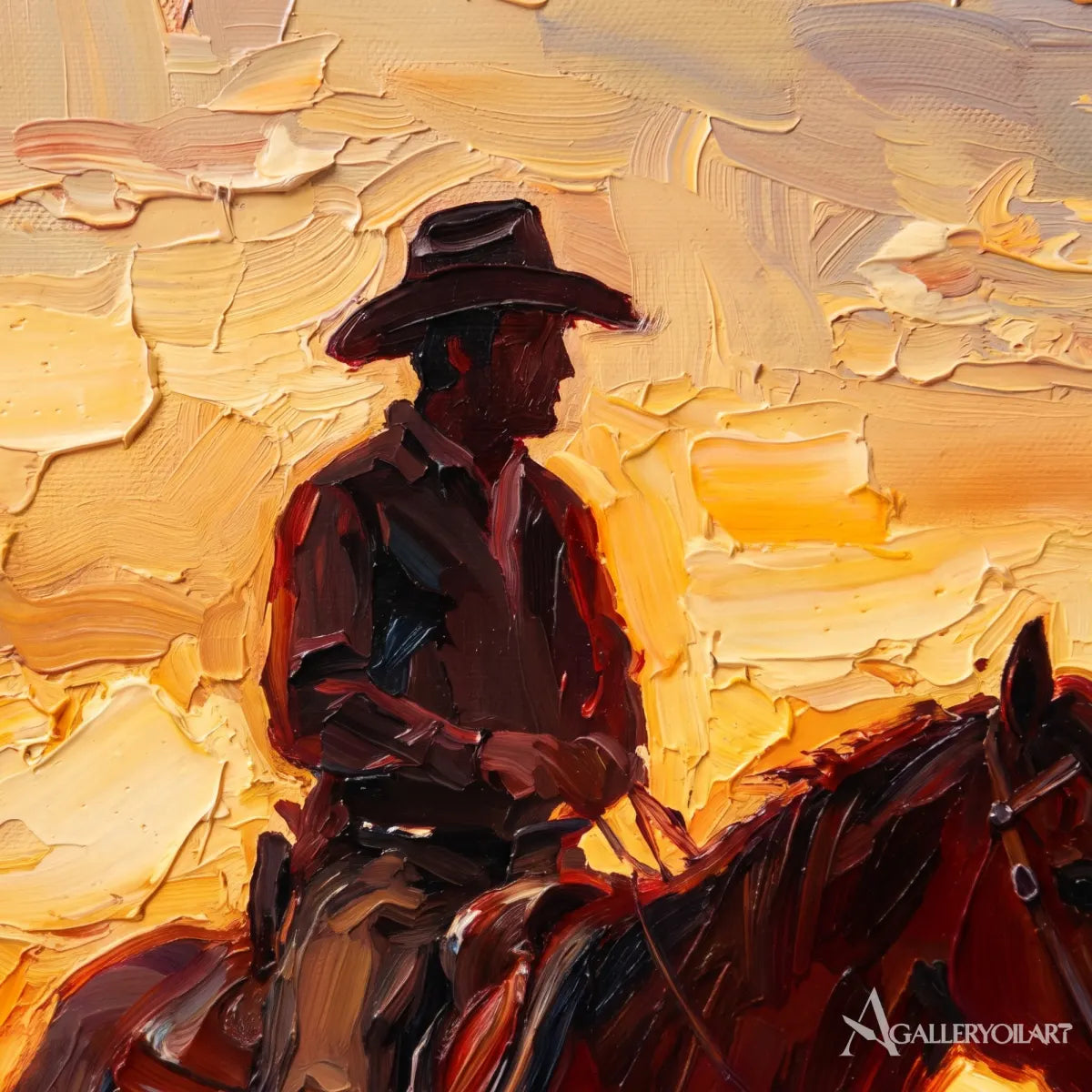 a cowboy riding through a glowing open landscape-in-western-cowboy-orange-great-room
