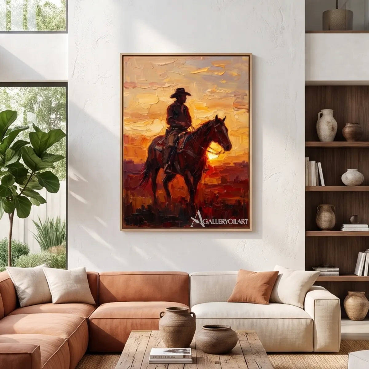 a cowboy riding through a glowing open landscape-in-western-cowboy-orange-living-room