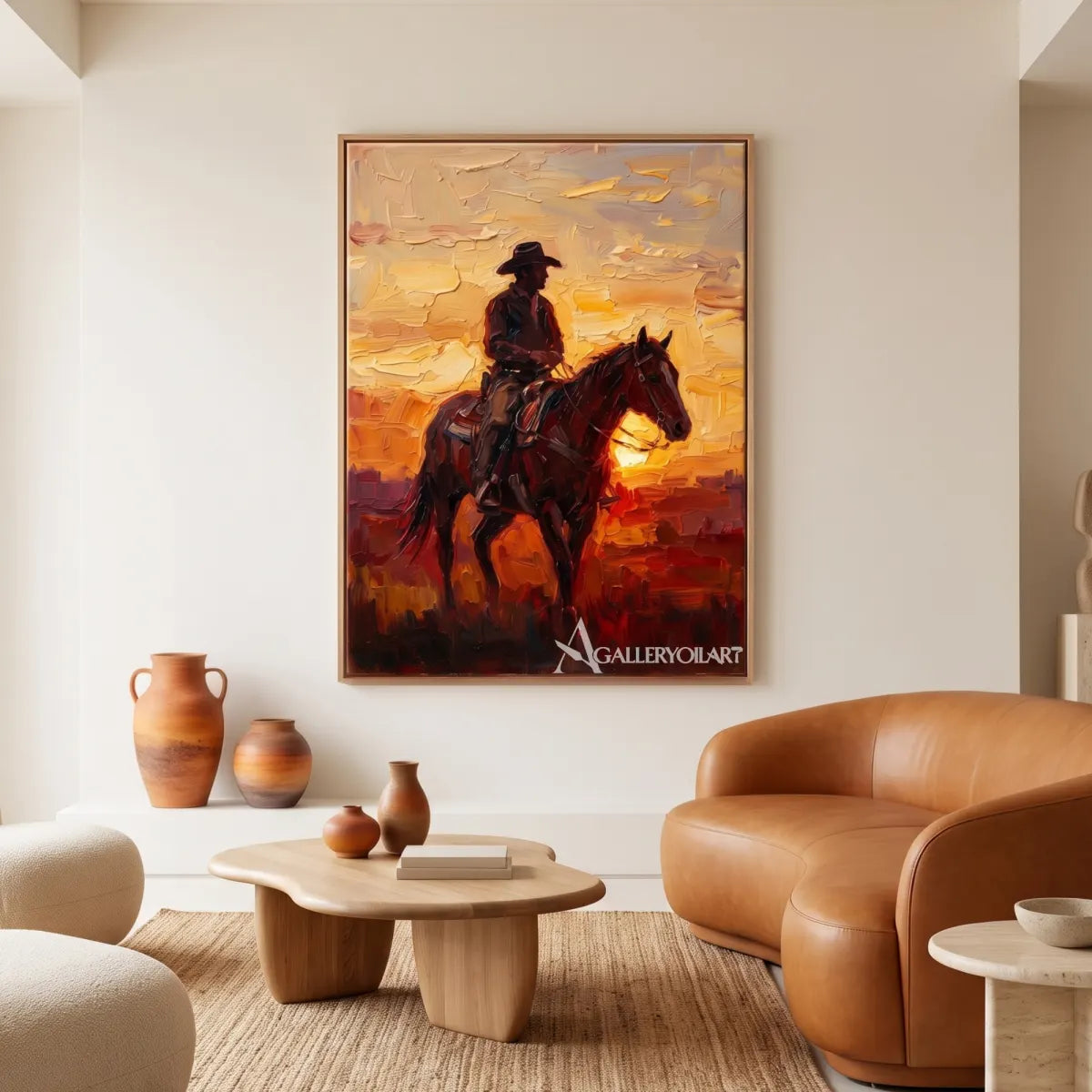 a cowboy riding through a glowing open landscape-in-western-cowboy-orange-lounge