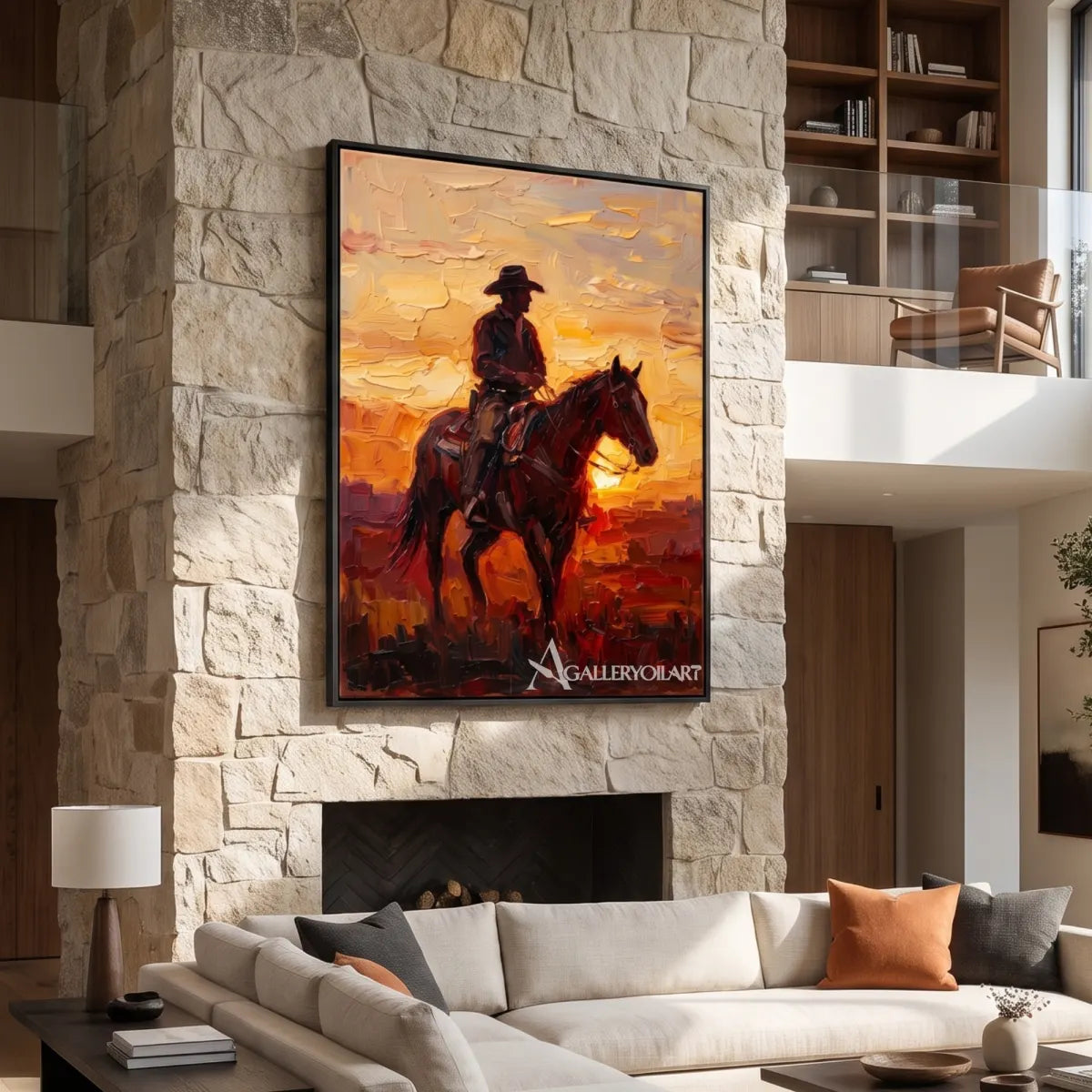 a cowboy riding through a glowing open landscape-in-western-cowboy-orange-styled-interior