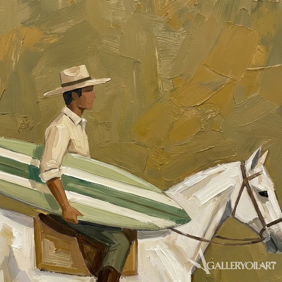 White horse and rider carrying a striped surfboard beside a palm tree in a architectural interior setting