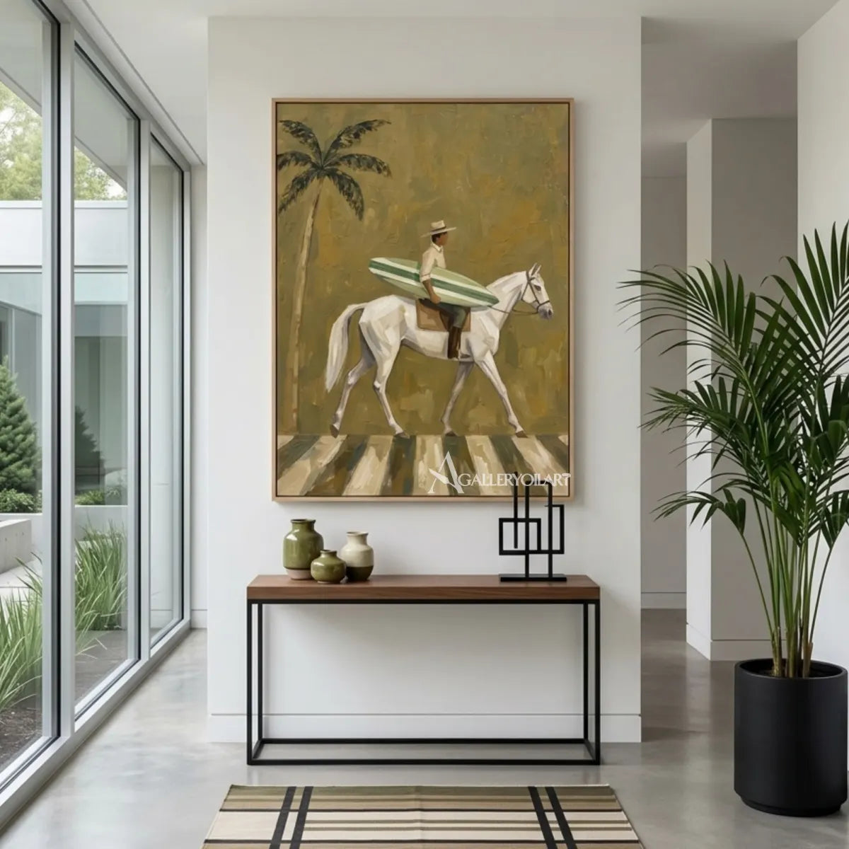 White horse and rider carrying a striped surfboard beside a palm tree in a corridor setting