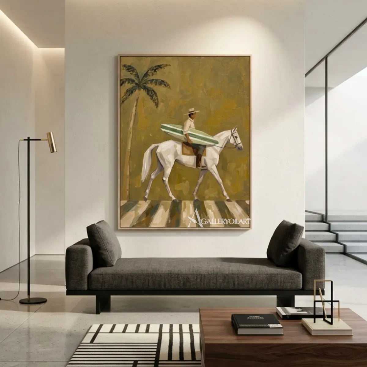 White horse and rider carrying a striped surfboard beside a palm tree in a detail setting