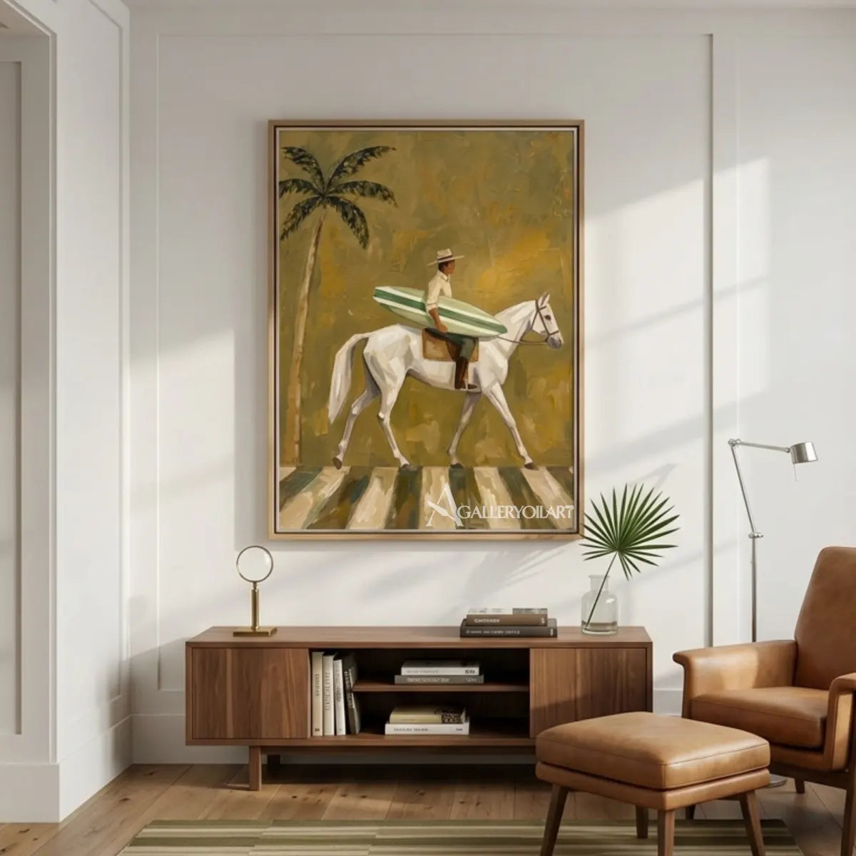 White horse and rider carrying a striped surfboard beside a palm tree in a modern interior setting