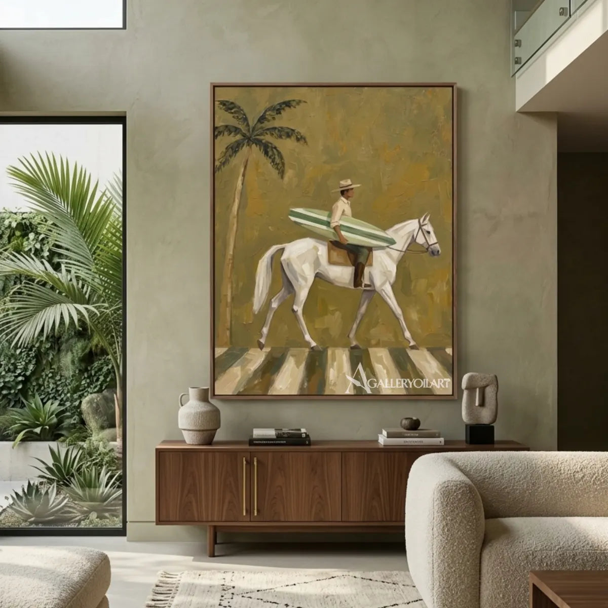 White horse and rider carrying a striped surfboard beside a palm tree in a styled interior setting
