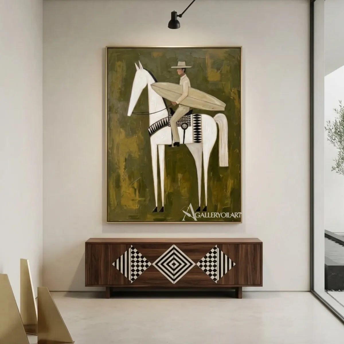 Hat-wearing rider carrying a surfboard on a white horse in a textured green painting in a architectural interior setting