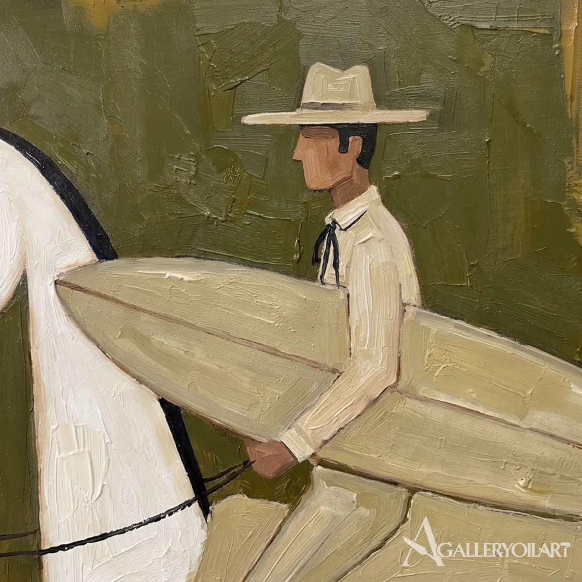 Hat-wearing rider carrying a surfboard on a white horse in a textured green painting in a detail setting