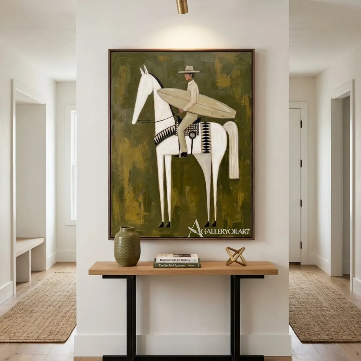 Hat-wearing rider carrying a surfboard on a white horse in a textured green painting in a entryway setting