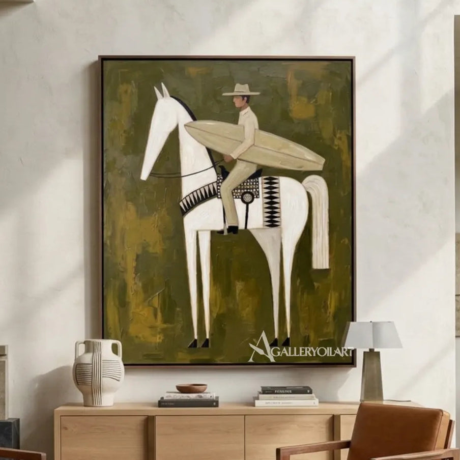 Hat-wearing rider carrying a surfboard on a white horse in a textured green painting in a gallery setting