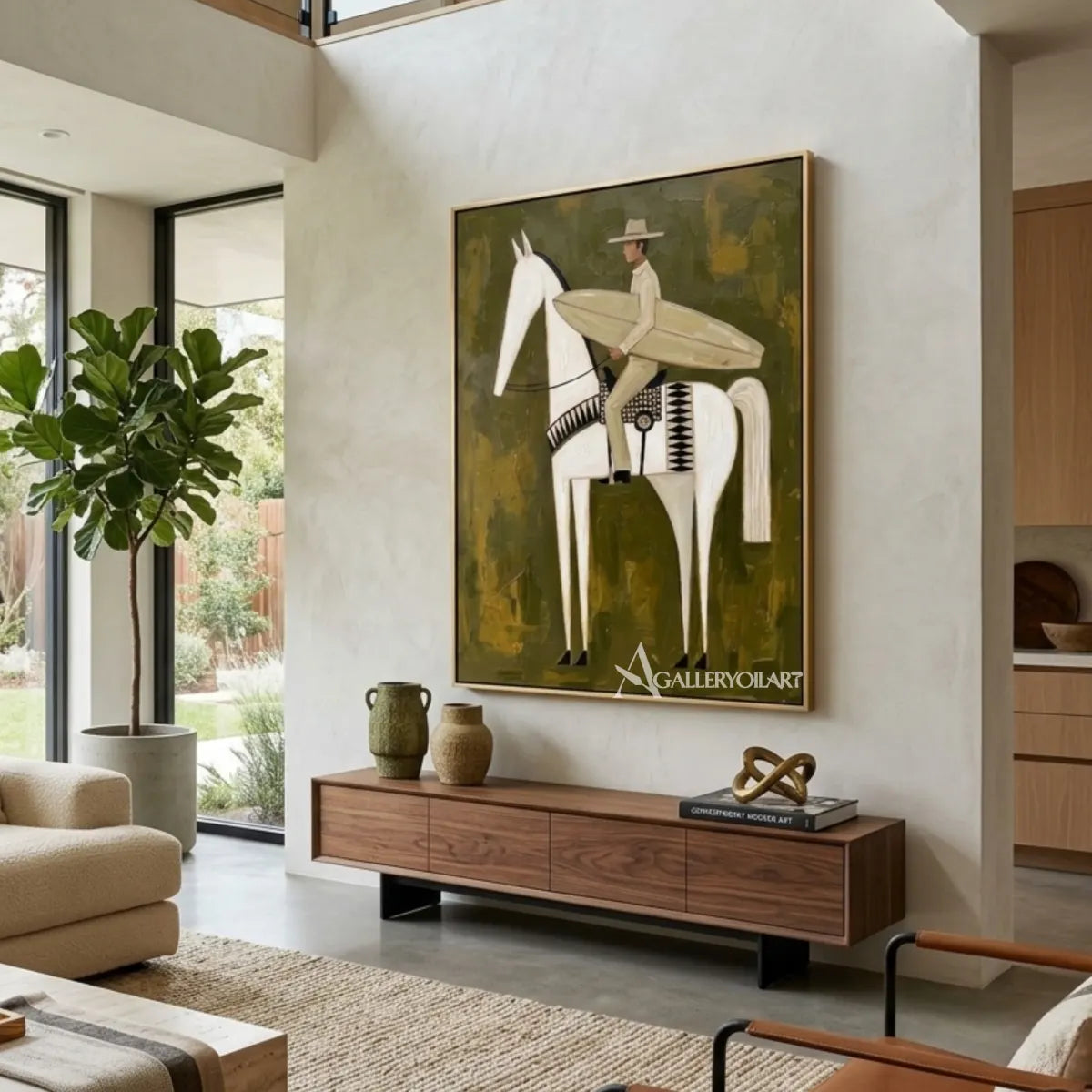 Hat-wearing rider carrying a surfboard on a white horse in a textured green painting in a styled interior setting