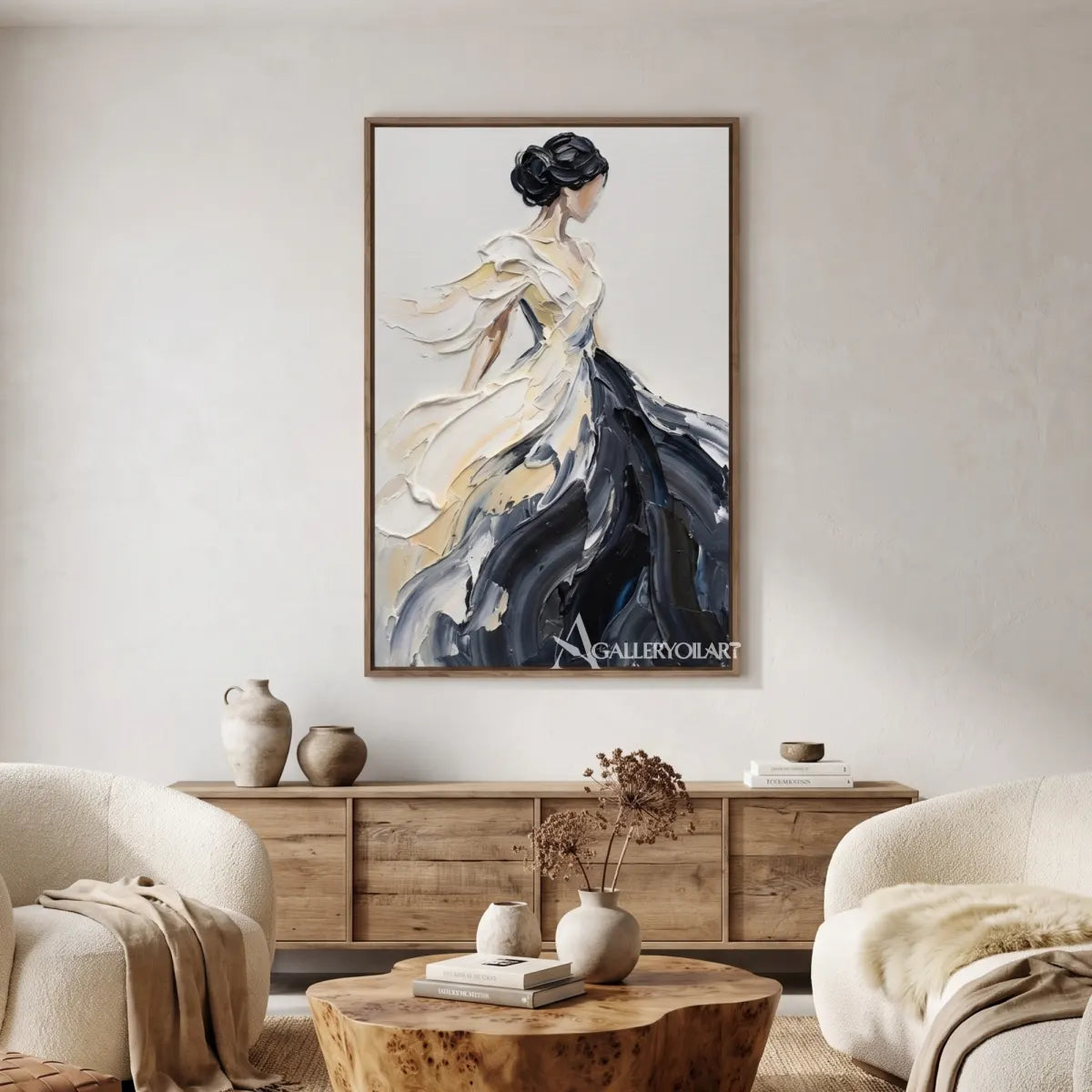 Portrait-art-of-a-woman-in-an-ivory-and-dark-gown-in-a-contemporary-gathering-room