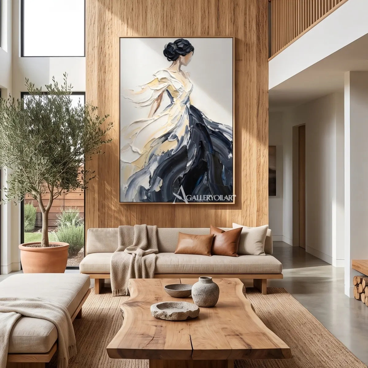 Vertical-portrait-of-a-woman-in-a-sweeping-gown-above-a-neutral-living-room