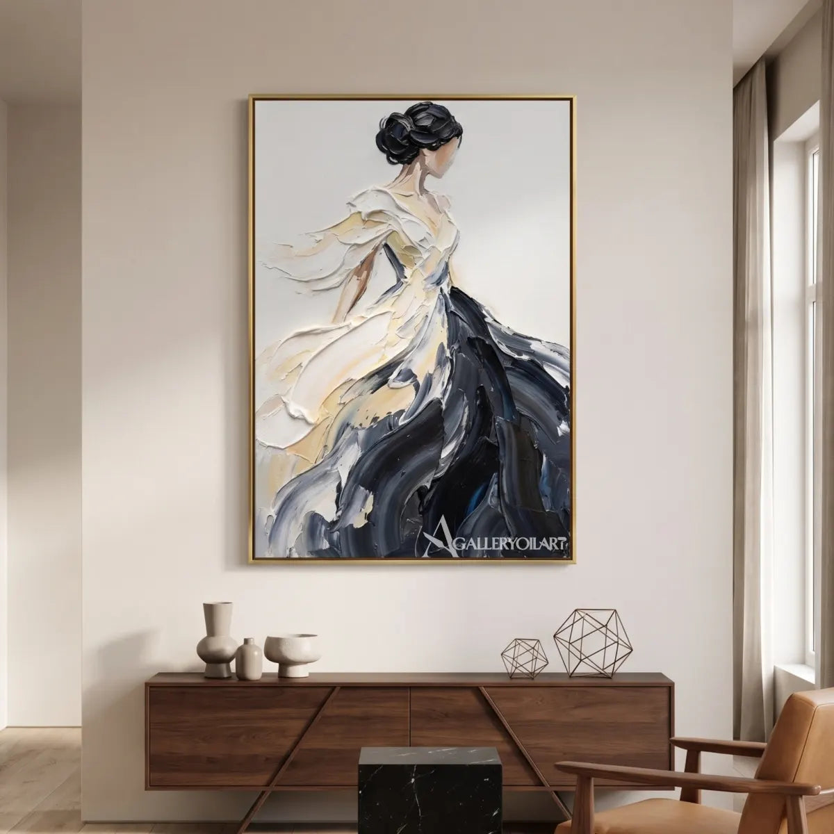 Modern-interior-with-a-vertical-portrait-of-a-woman-in-a-cream-and-dark-gown